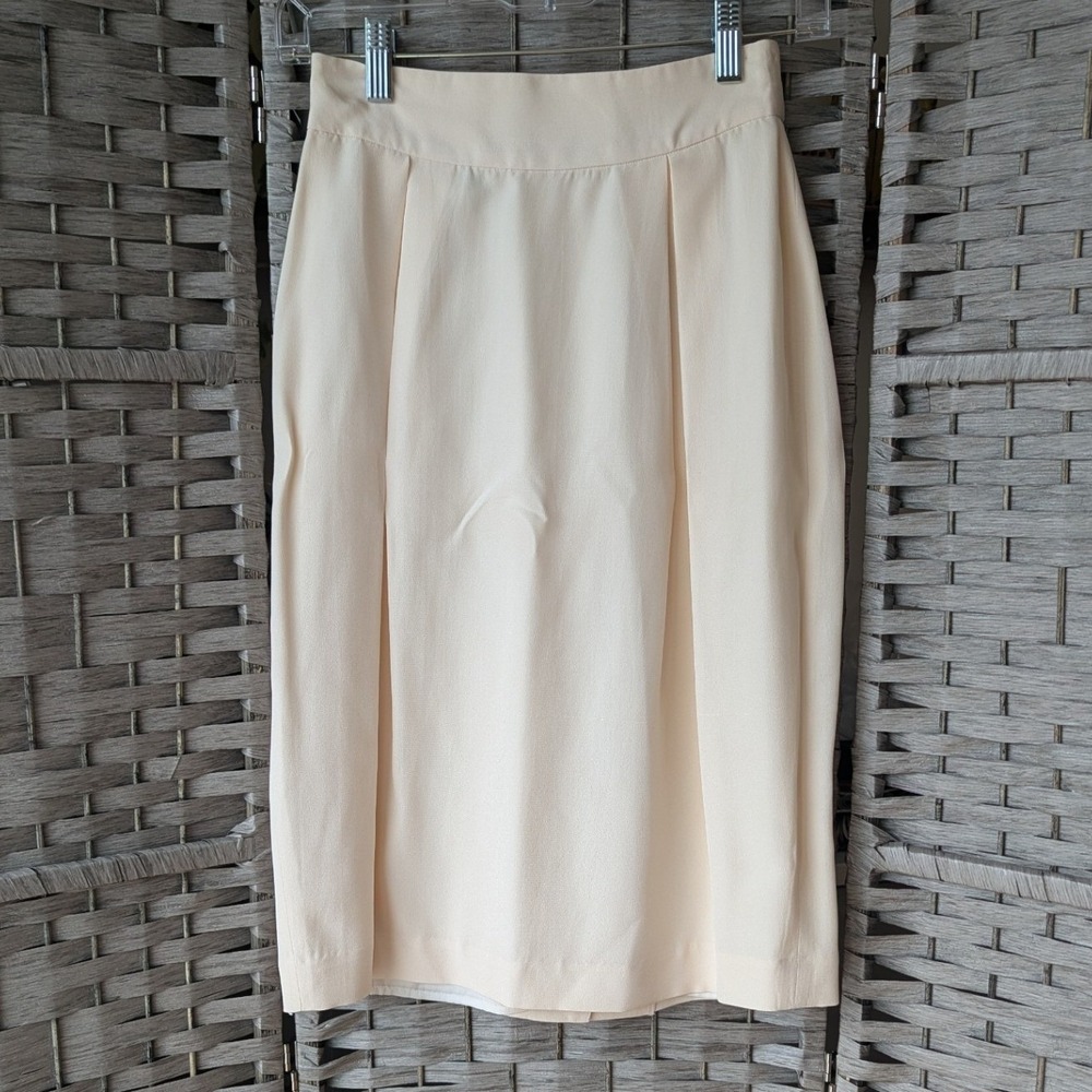 Vtg Silk Studio Pencil Skirt Cream 100% Silk High Waist Pleated Sz 6P Bridal